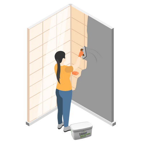 Illustration d’une femme appliquant le béton ciré Smart Base à la taloche sur des carreaux muraux.