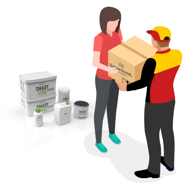 Illustration of a delivery driver handing a Smartcret microcement distributor a box of products.