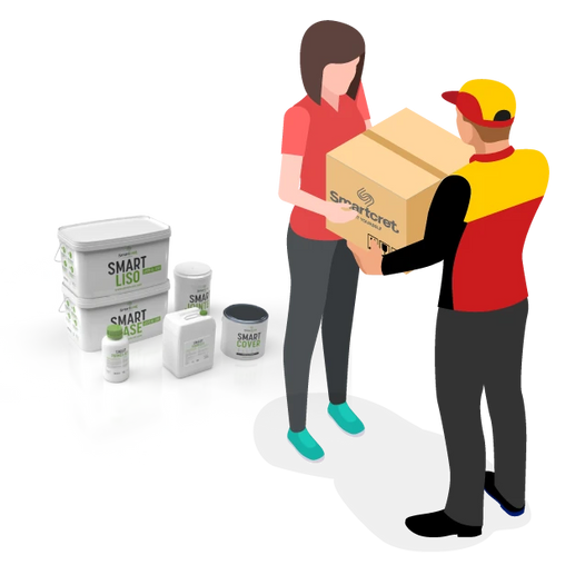 Illustration d’un livreur remettant à un distributeur de béton ciré Smartcret une boîte de produits.