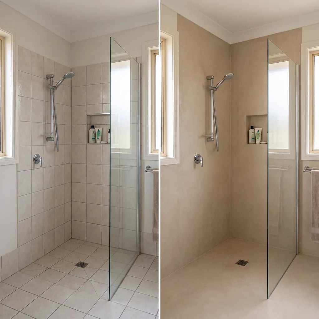 Avant et après d'une douche revêtue de béton ciré Smartcret