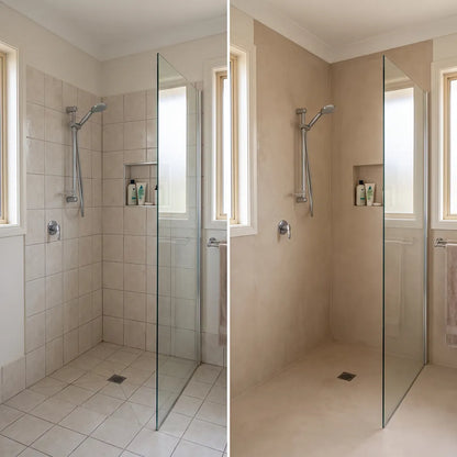 Avant et après d'une douche revêtue de béton ciré Smartcret