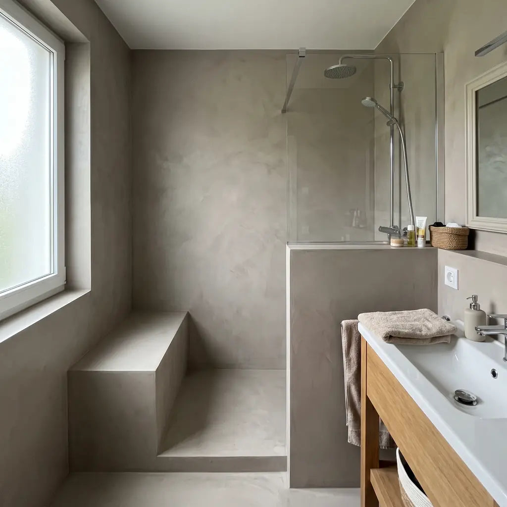 Salle de bains avec murs et douche revêtus de béton ciré appliqué avec le kit Smartcret pour salle de bains