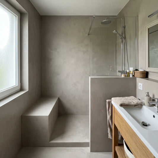 Bathroom with walls and shower coated in microcement applied with the Smartcret bathroom kit