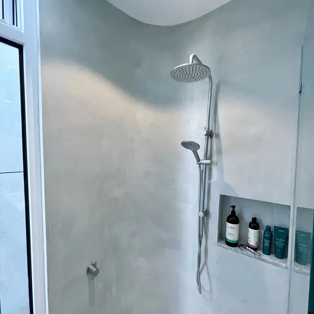 Microcement shower in Breeze colour, Smartcret bathroom kit