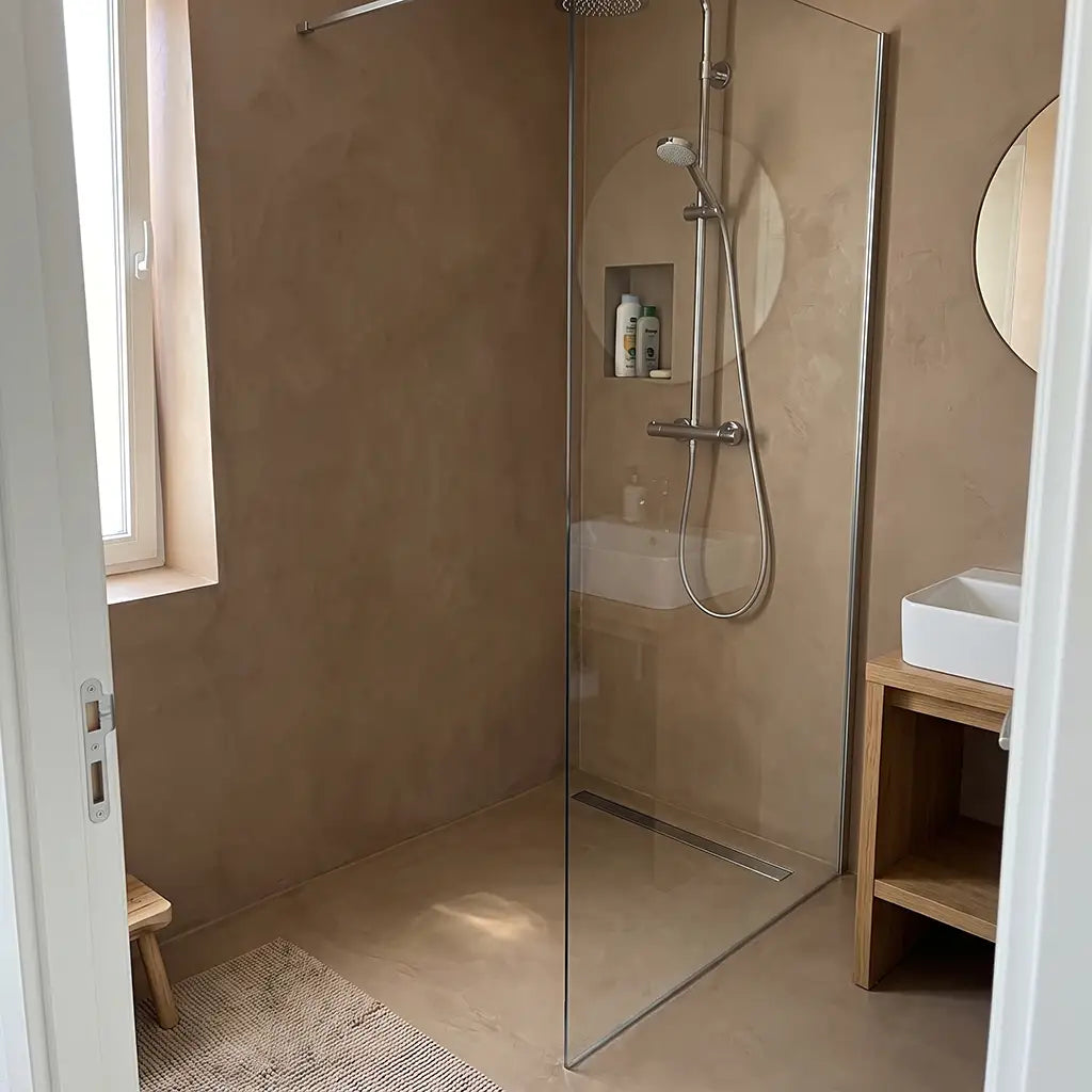 Microcement shower in Cafe colour, Smartcret bathroom kit