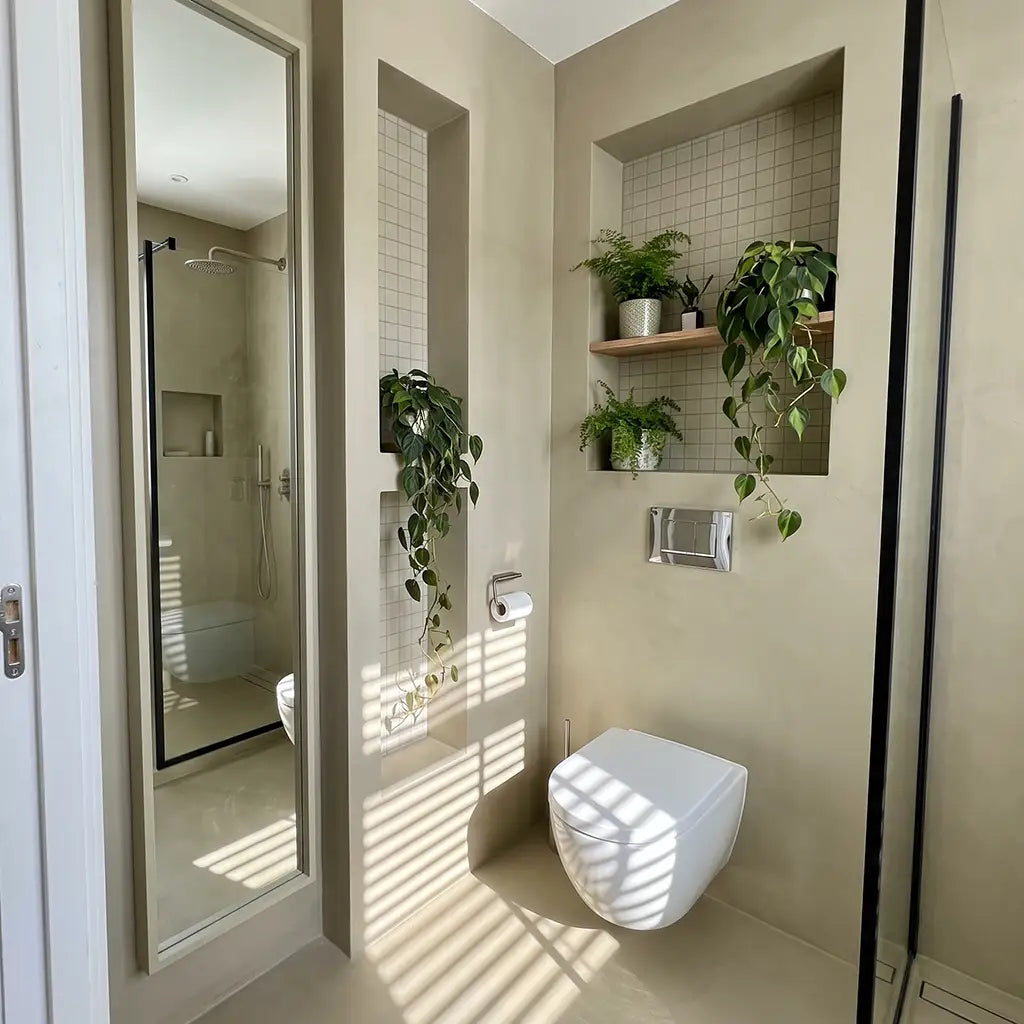 Microcement shower in Khaki colour, Smartcret bathroom kit