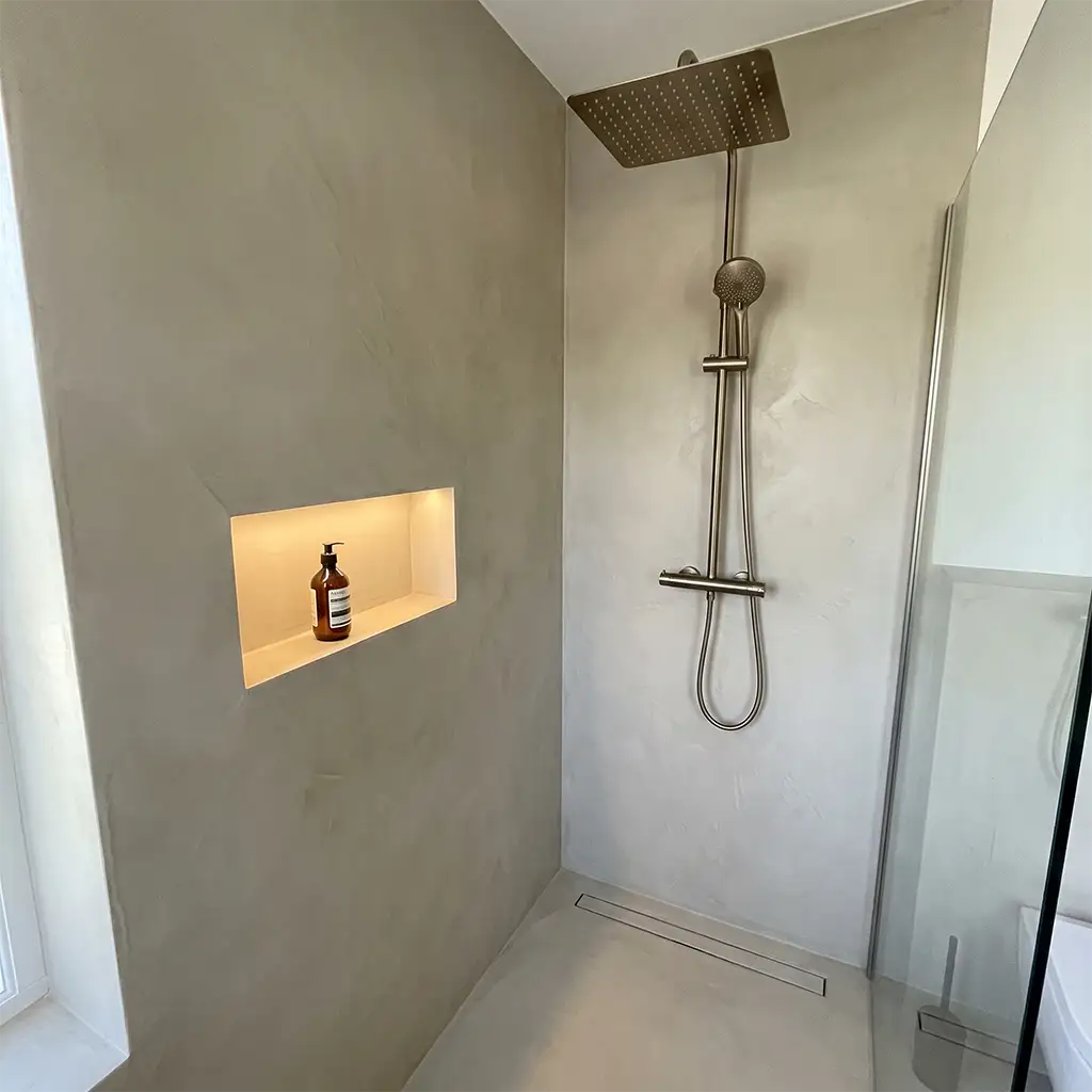 Microcement shower in Lichen colour, Smartcret bathroom kit