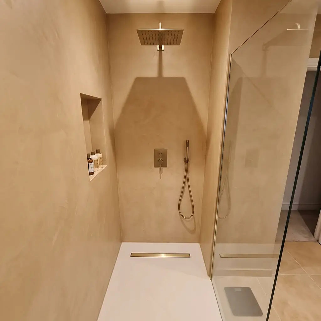 Microcement shower in Mojave colour, Smartcret bathroom kit