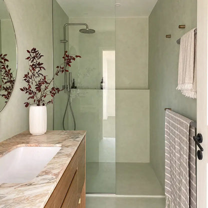 Microcement shower in Moss colour, Smartcret bathroom kit