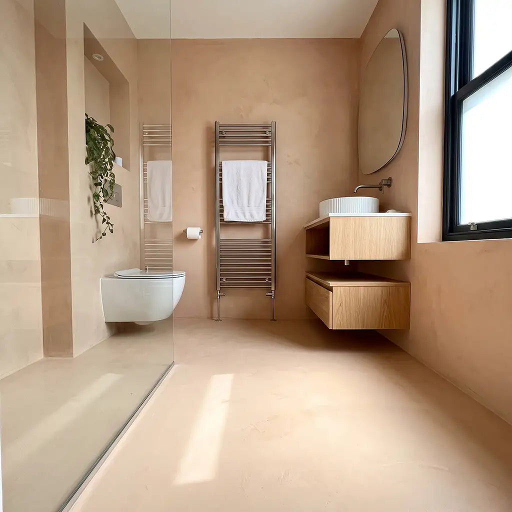 Microcement shower in Salmon colour, Smartcret bathroom kit