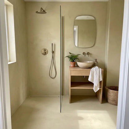 Microcement shower in Wasabi colour, Smartcret bathroom kit