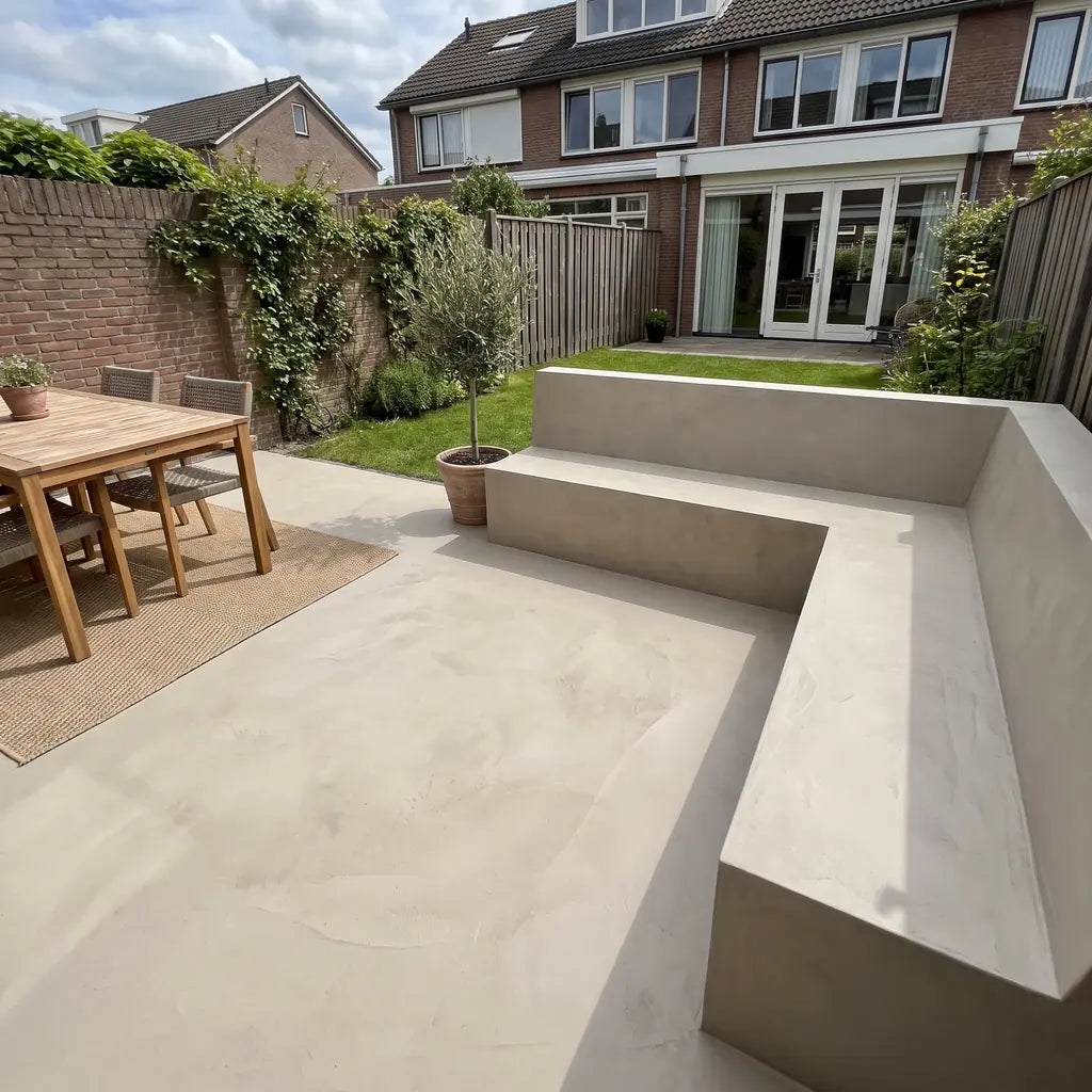 Patio with floor and built-in bench coated with Smartcret microcement
