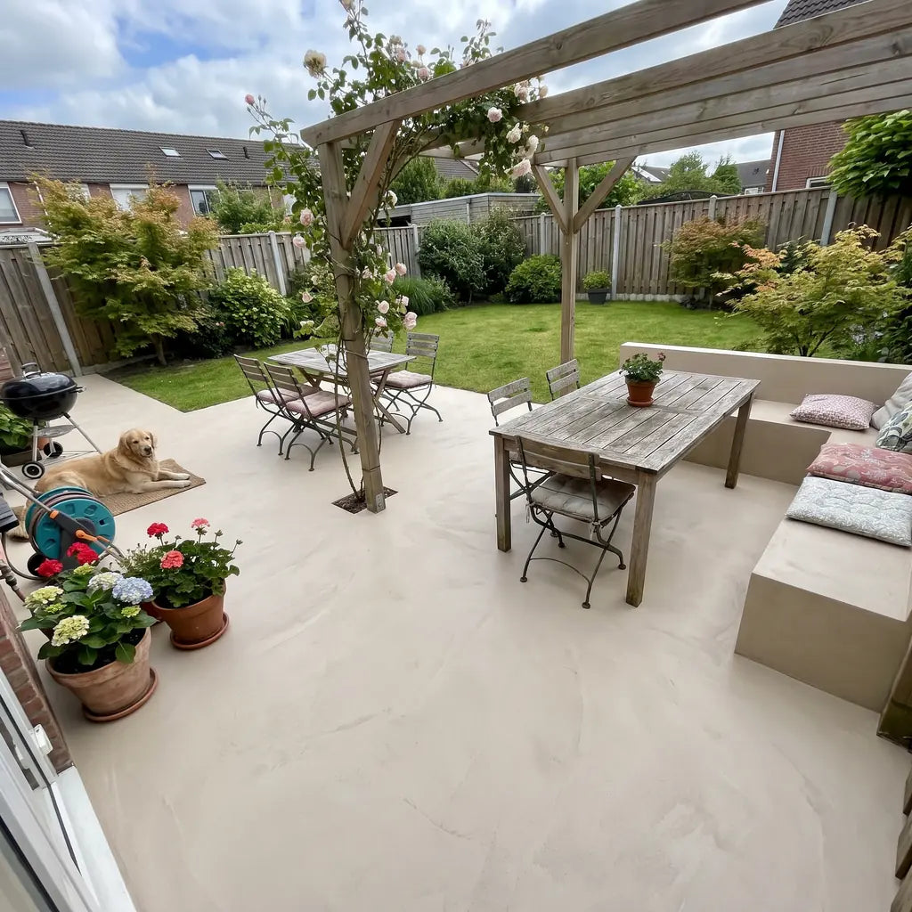 Terrace with a microcement floor applied using the Smartcret kit for outdoor floors