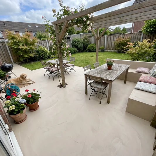 Terrasse avec sol en béton ciré appliqué avec le kit Smartcret pour sols extérieurs