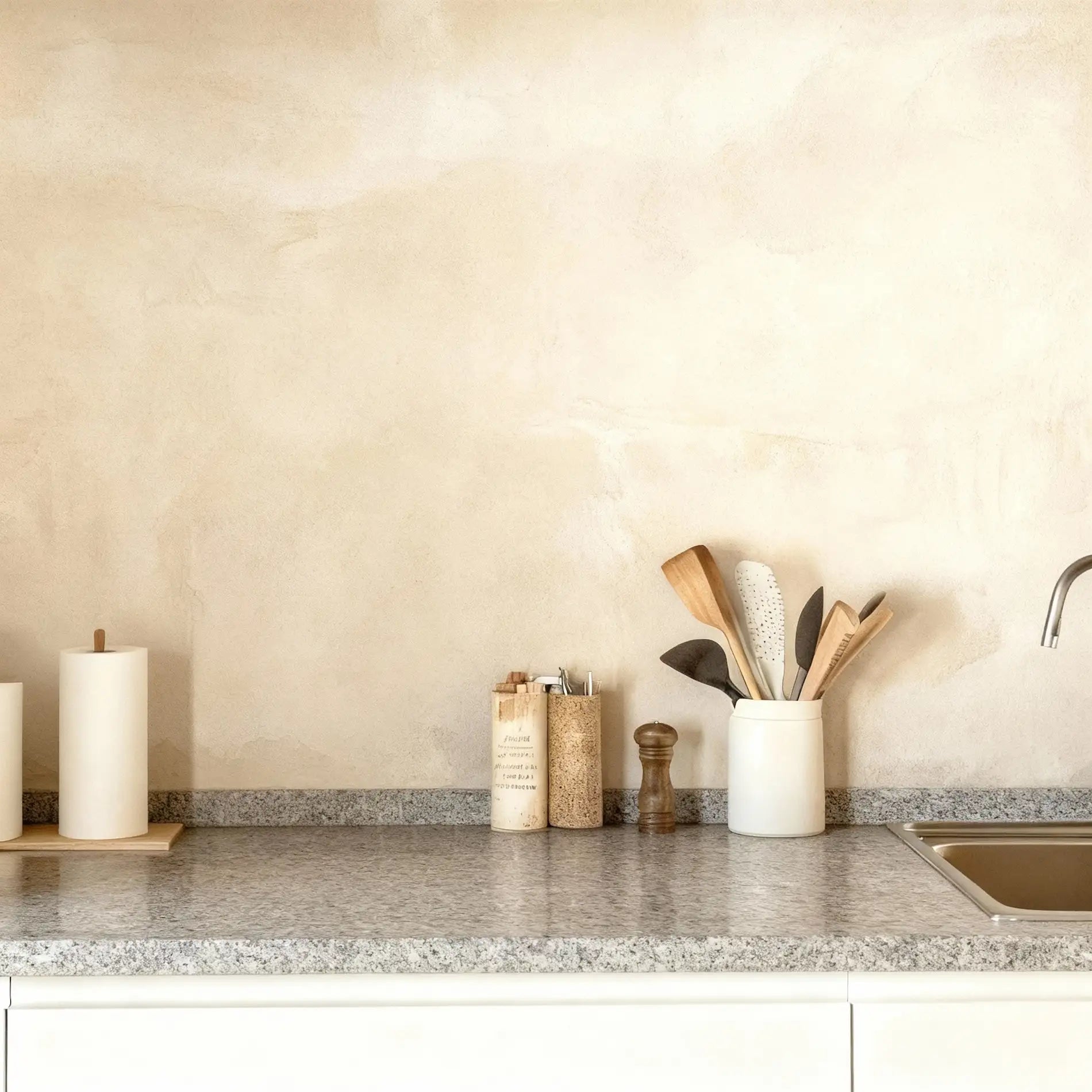 Pared de cocina revestida con microcemento color Porcelain y encimera de granito con utensilios de madera.