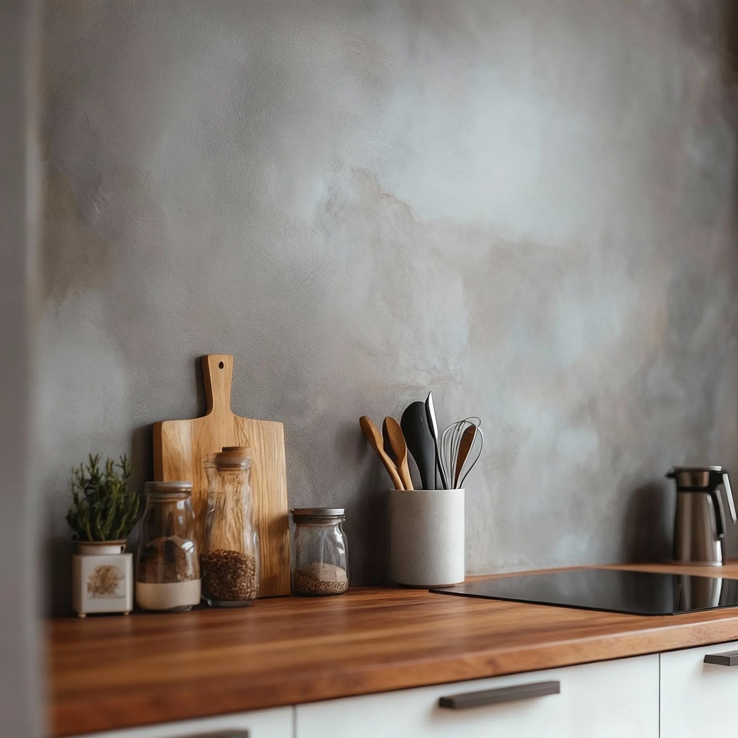 Pared de cocina revestida con microcemento color Shale Grey y encimera de madera con utensilios.
