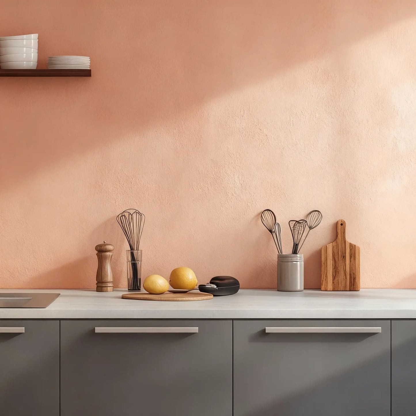 Pared de cocina revestida con microcemento color Salmon y encimera de mármol con utensilios y limones.