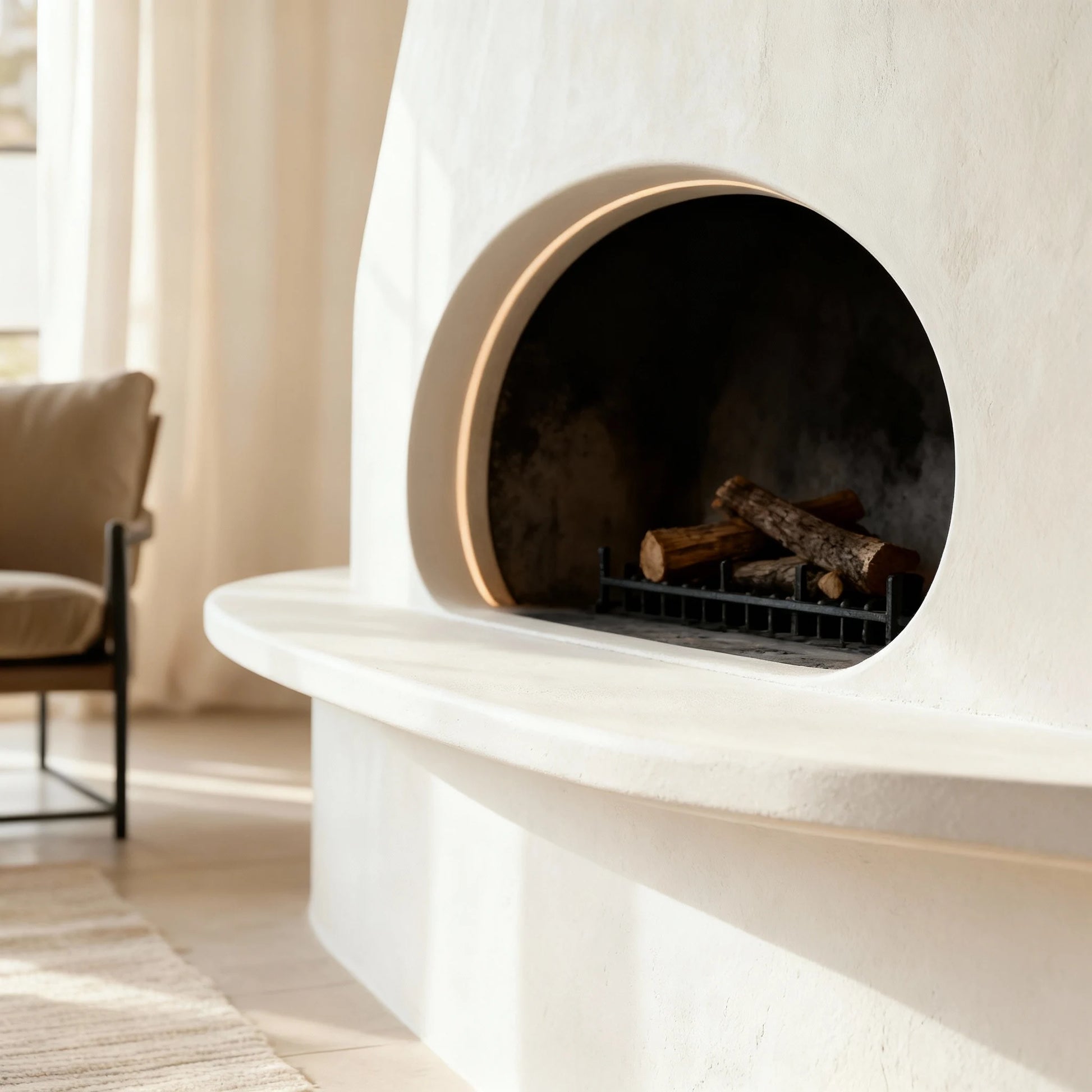 Chimenea de obra recubierta con microcemento color Blanco, boca circular y repisa corrida; leños y luz cálida de tarde.