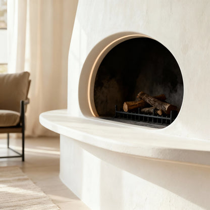 Chimenea de obra recubierta con microcemento color Blanco, boca circular y repisa corrida; leños y luz cálida de tarde.