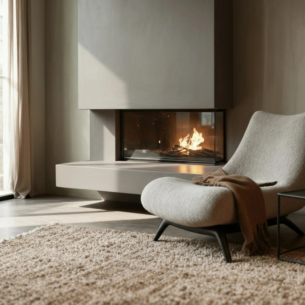 Salón con chimenea de obra moderna de microcemento color Papyrus con fuego encendido, butaca de tejido claro y alfombra mullida.