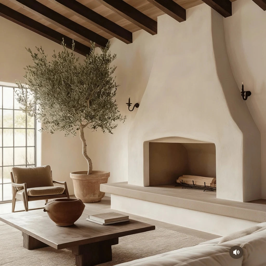 Chimenea de obra con microcemento color Spike en salón luminoso con vigas vistas, ventanal de cuarterones y olivo en maceta.