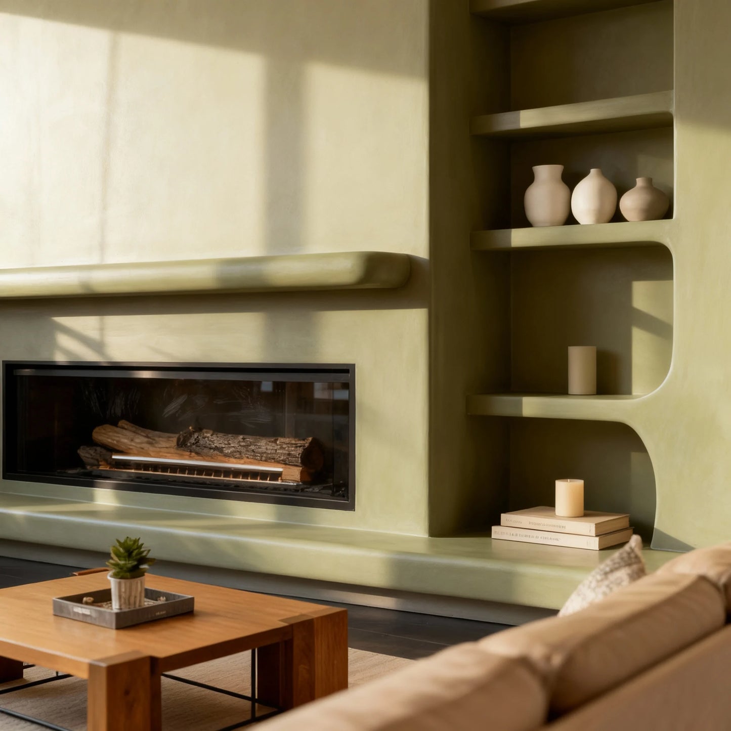 Chimenea de obra con microcemento color Spike en salón luminoso con vigas vistas, ventanal de cuarterones y olivo en maceta.