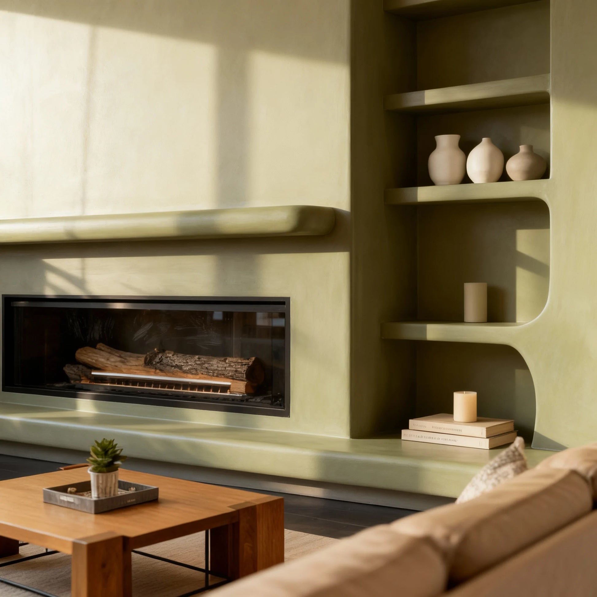 Chimenea de obra con microcemento color Spike en salón luminoso con vigas vistas, ventanal de cuarterones y olivo en maceta.