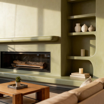 Chimenea de obra con microcemento color Spike en salón luminoso con vigas vistas, ventanal de cuarterones y olivo en maceta.