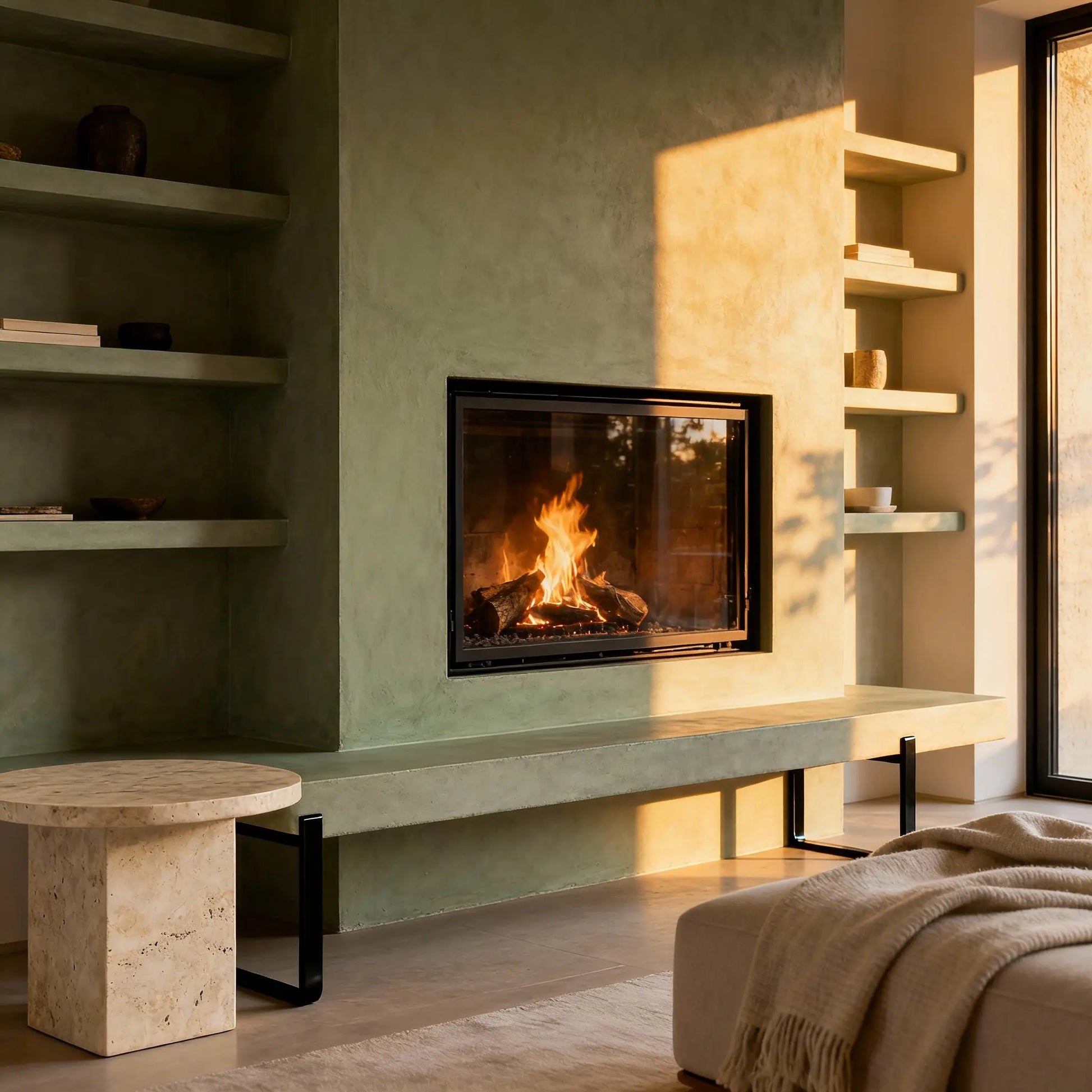 Chimenea de obra en microcemento color Khaki, estanterías integradas y luz dorada del atardecer entrando por el ventanal.