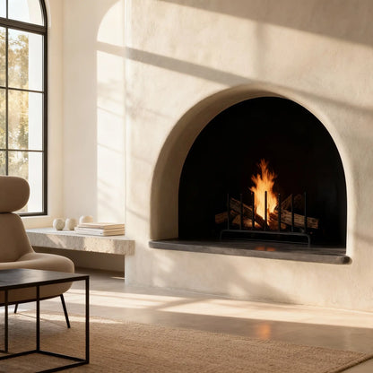 Chimenea de obra revestida con microcemento color Blanco Roto con abertura arqueada; fuego encendido y gran ventanal a la izquierda.