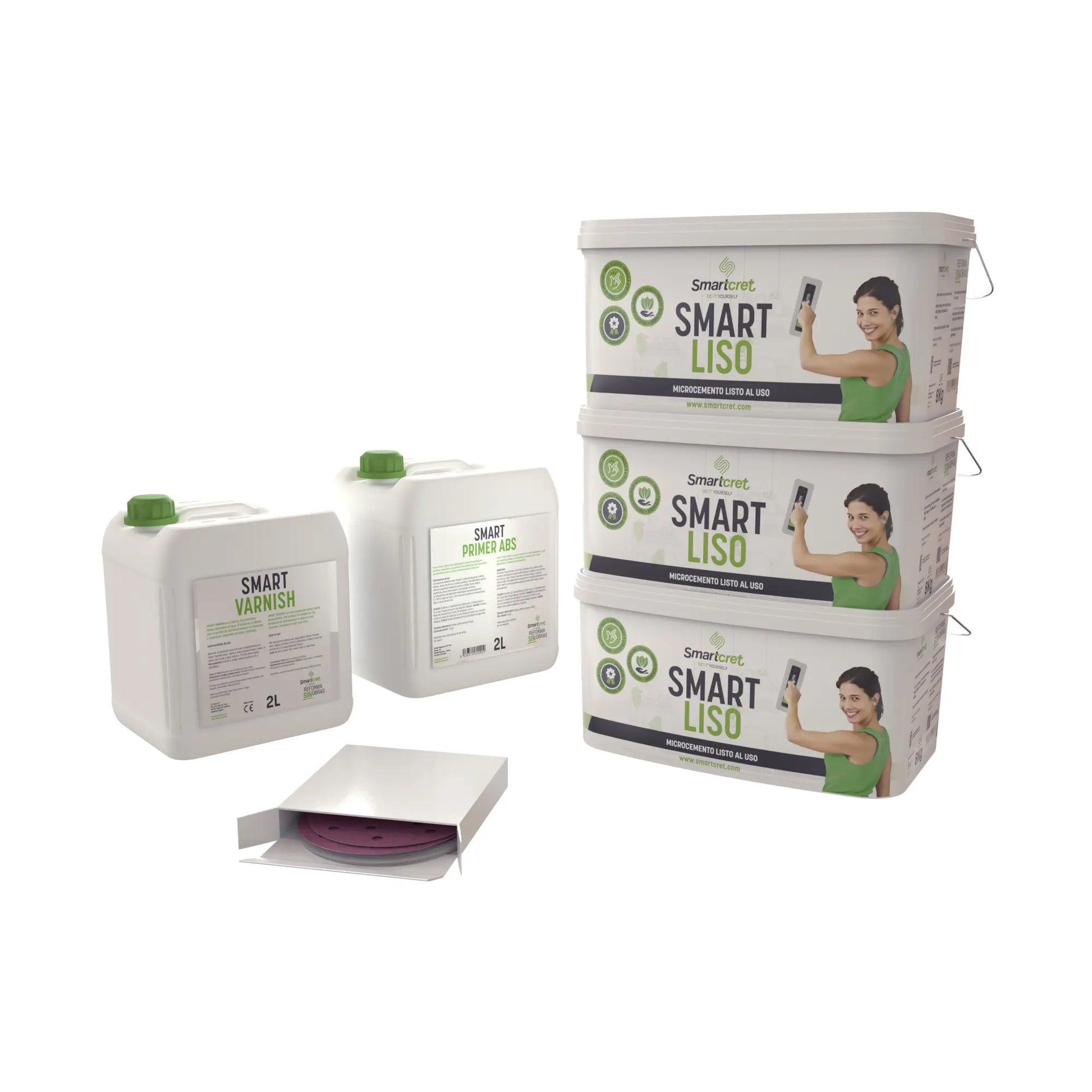 Imagen con los envases que encontrarás en el kit de microcemento Smartcret para chimeneas de obra de 18 m².