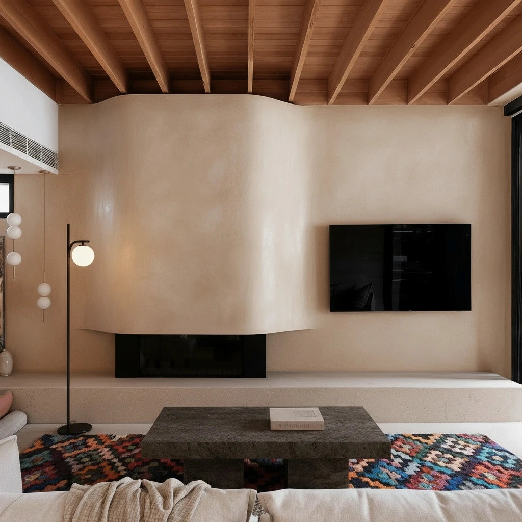 Chimenea de obra en microcemento color Champagne con forma curva, techo de vigas de madera y alfombra de colores frente al sofá.