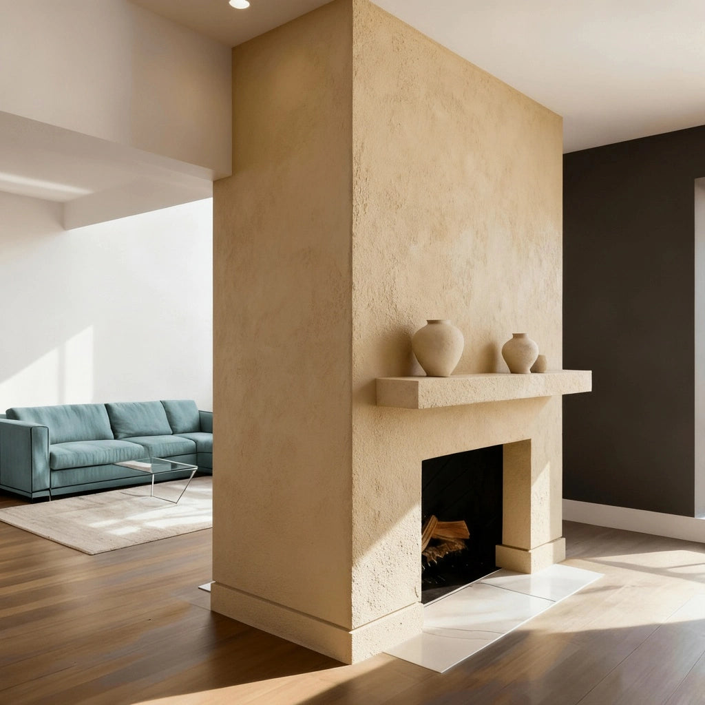 Salón luminoso con sofá azul y columna con chimenea de obra revestida con microcemento color India.