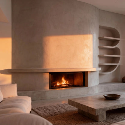 Pared curva con chimenea de obra revestida con microcemento color Liquen, repisa flotante y estantes redondeados.