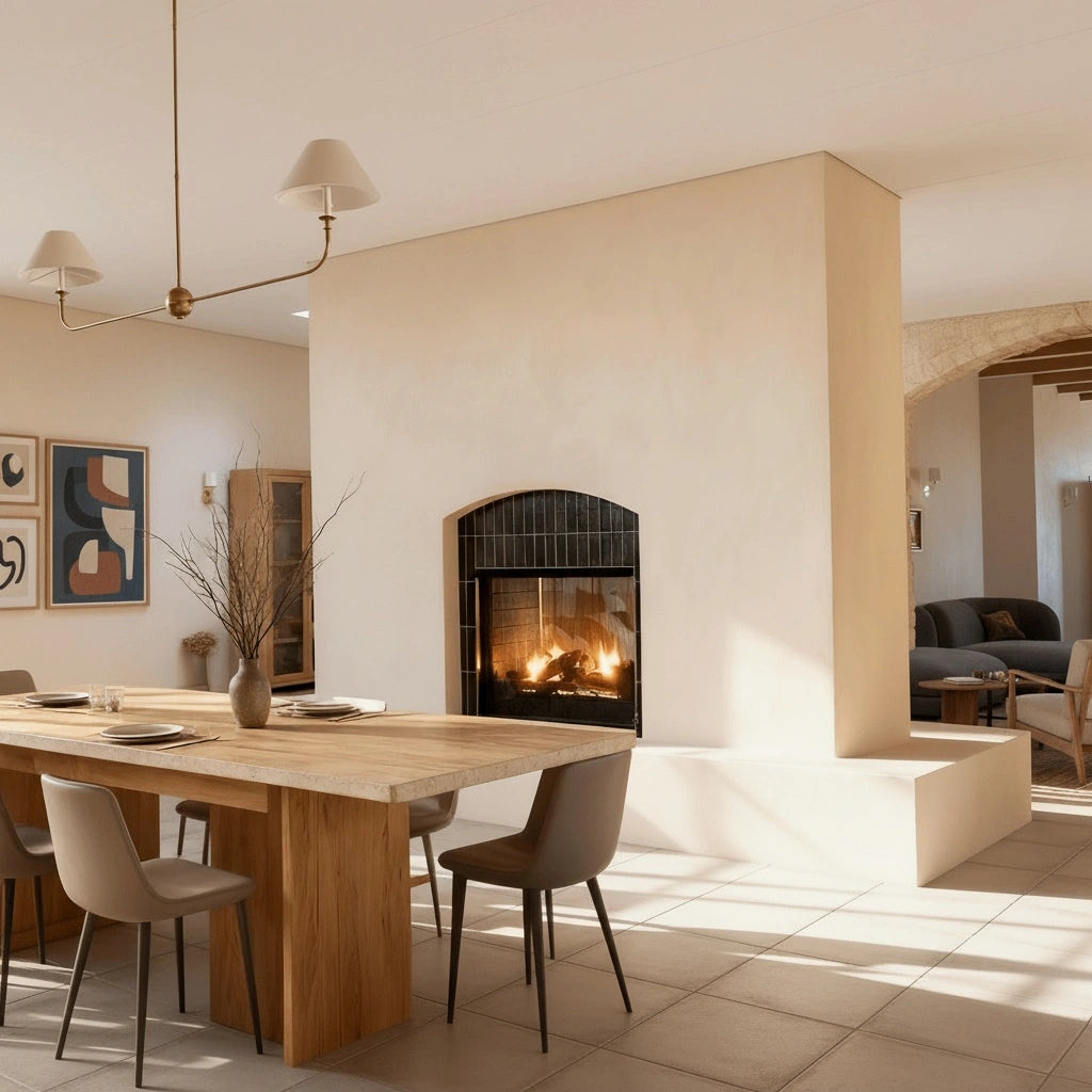 Comedor con mesa de madera, baldosas en el suelo y chimenea de obra en columna revestida en microcemento color Porcelain.