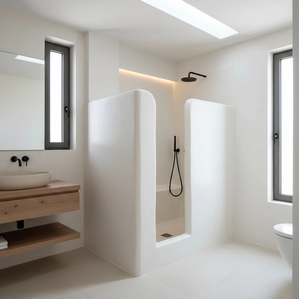 Baño minimalista con ducha de obra en microcemento Blanco, grifería negra y encimera de madera con lavabo redondo.