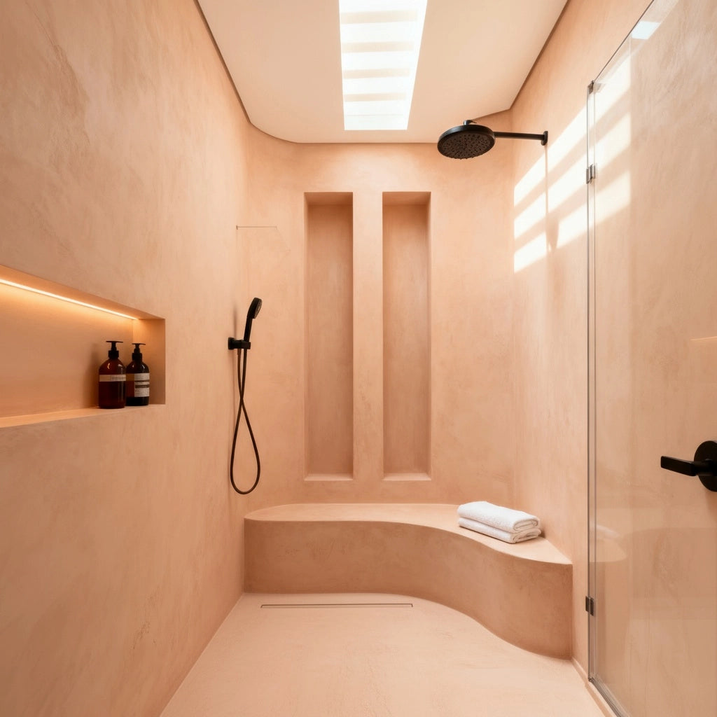 Ducha de obra en microcemento color Salmon, banco curvo integrado y hornacina iluminada con grifería negra.