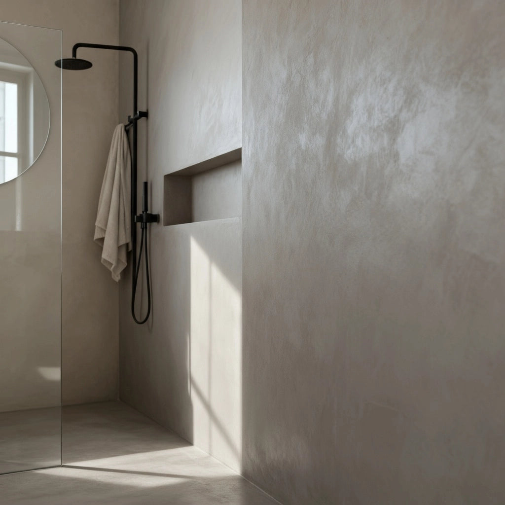 Ducha de obra en microcemento color Universe con grifería negra, hornacina integrada y luz natural entrando por la ventana.