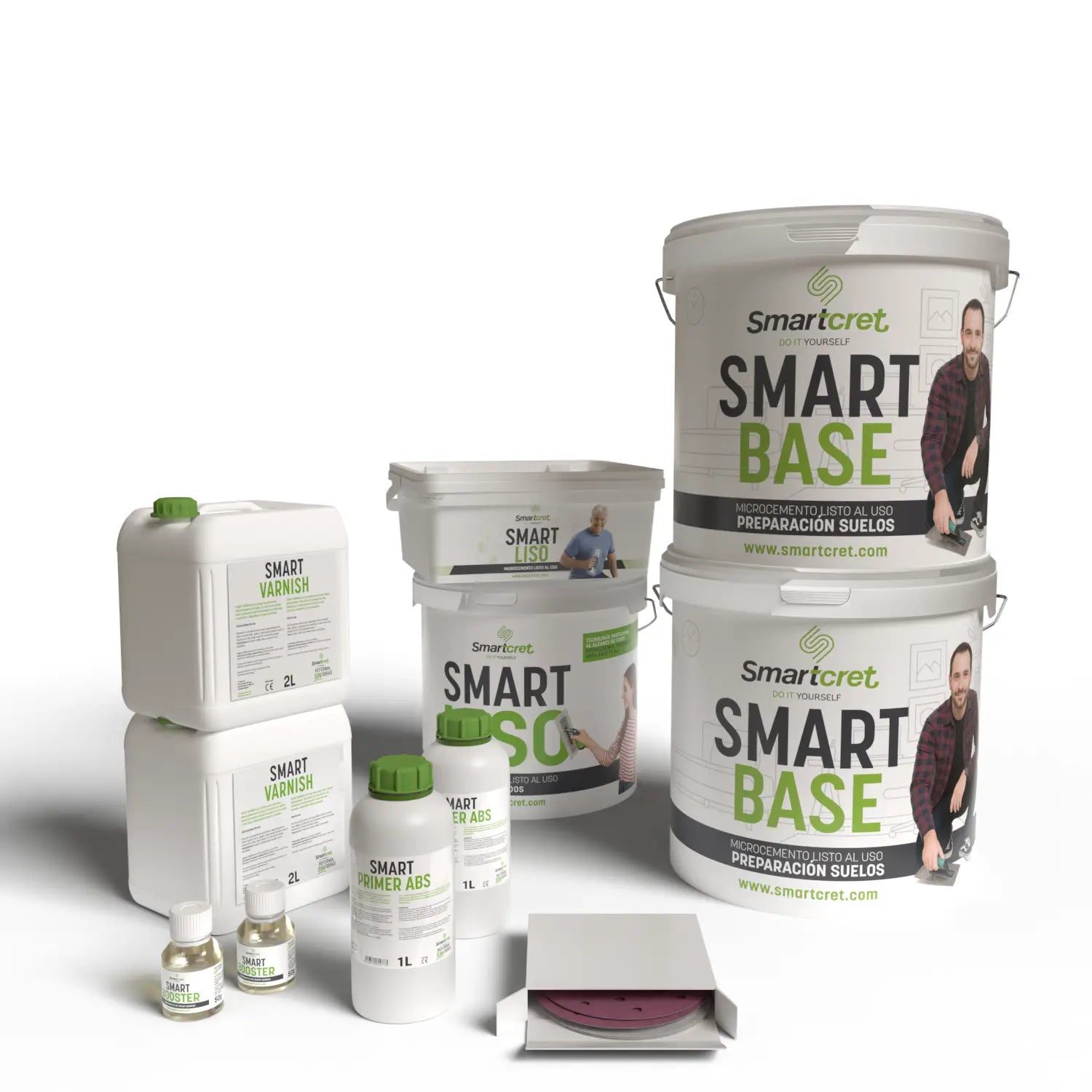 Imagen de los envases que constituyen el kit de microcemento Smartcret para ducha de obra de 16 m².