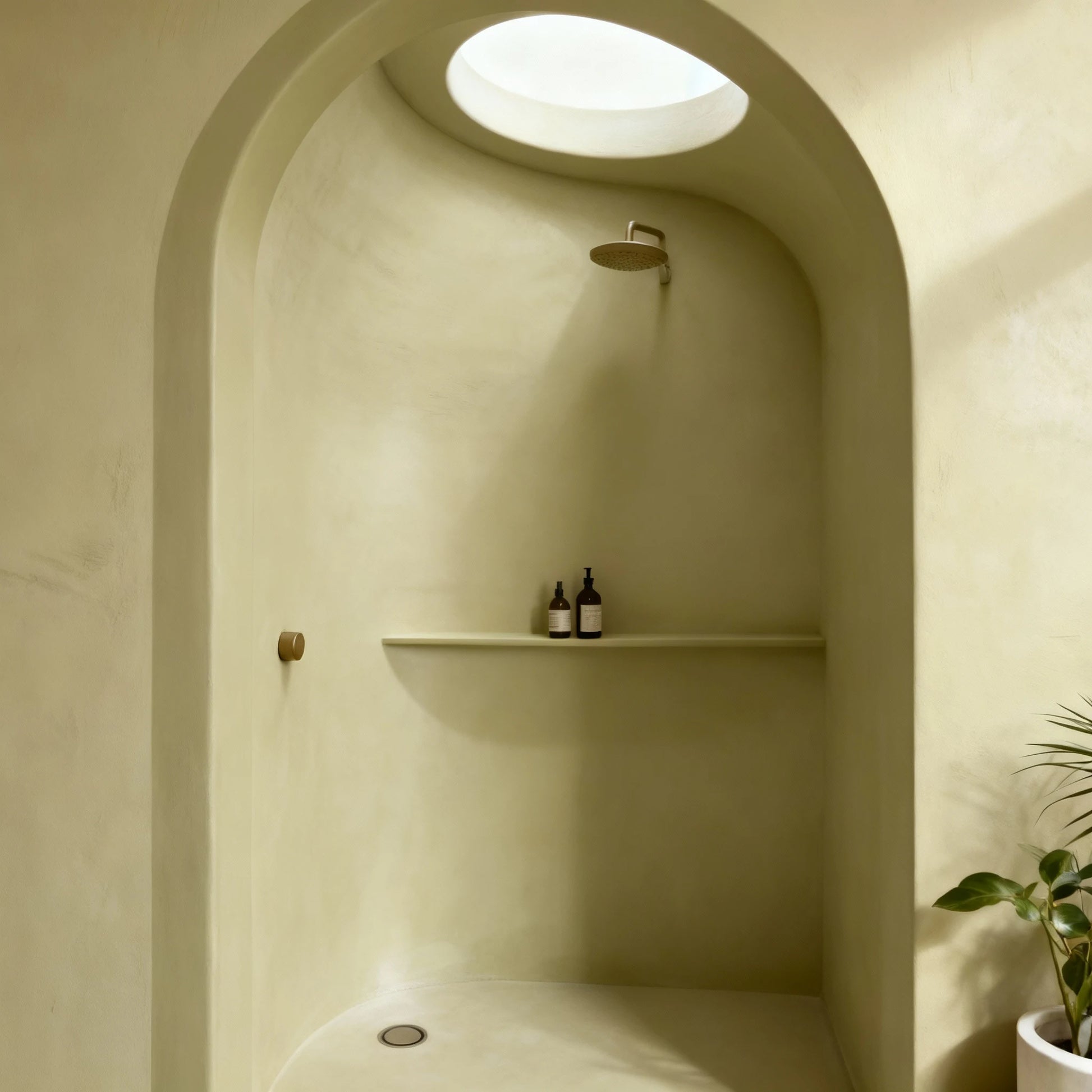 Ducha de obra con arco revestida con microcemento color Khaki, luz cenital suave y repisa integrada con frascos de baño.