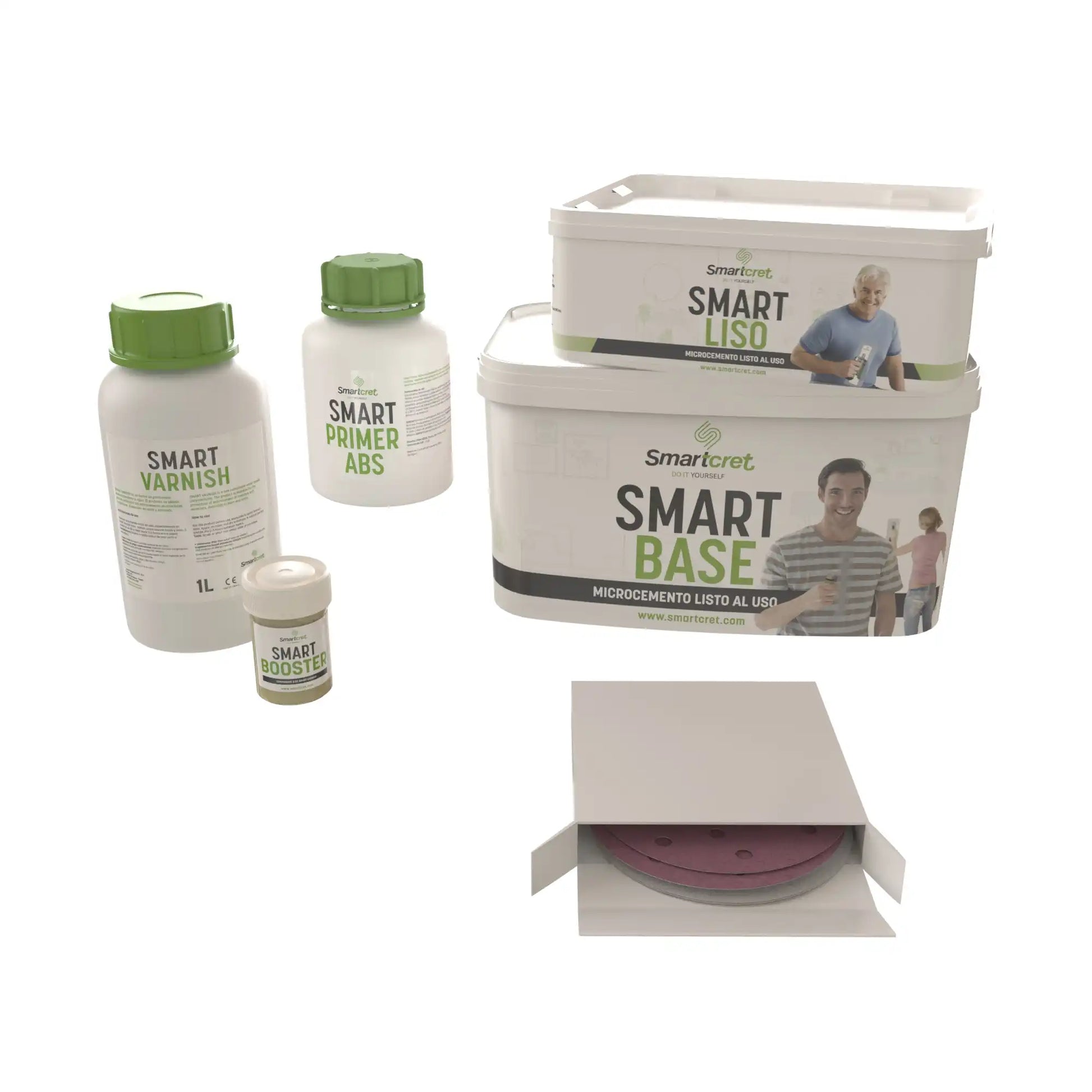 Imagen de los envases que conforman el kit de microcemento Smartcret para ducha de obra de 4 m².