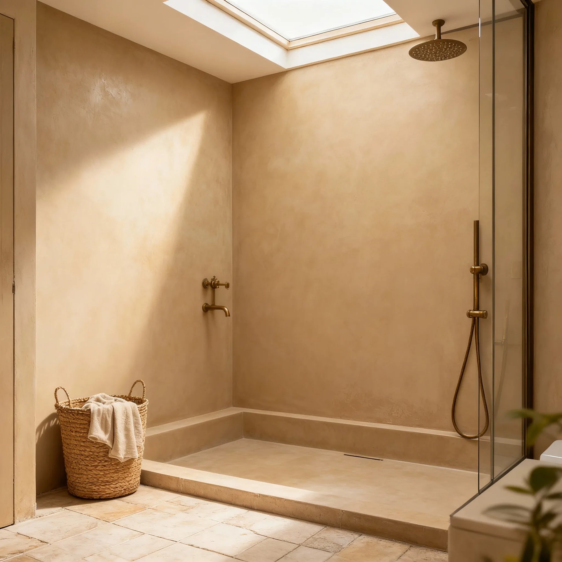Ducha de obra en microcemento color Champagne con grifería dorada, luz cenital y cesto de fibras naturales.
