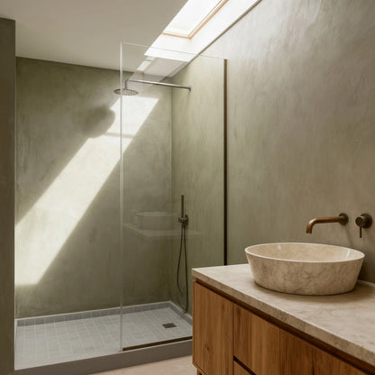 Baño con ducha de obra revestida en microcemento color Moss, lavabo de piedra sobre mueble de madera y luz natural desde el techo.