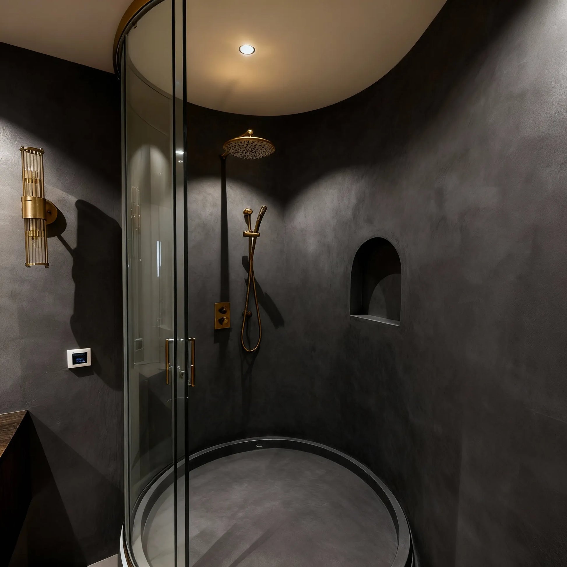 Original ducha de obra circular con microcemento color Shale Grey, grifería dorada y luz ambiental cálida.