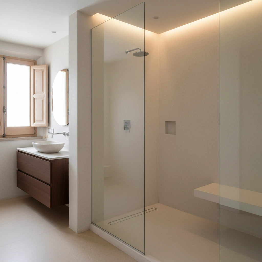 Baño amplio y luminoso de estilo mediterráneo con ducha con microcemento color Blanco Roto con mampara de cristal y banco integrado.