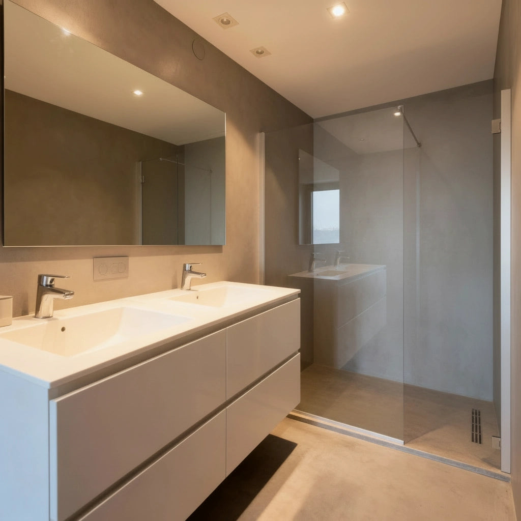 Baño estilo industrial con ducha revestida con microcemento color Liquen, en paredes y plato, y mueble doble lavabo de diseño minimalista.