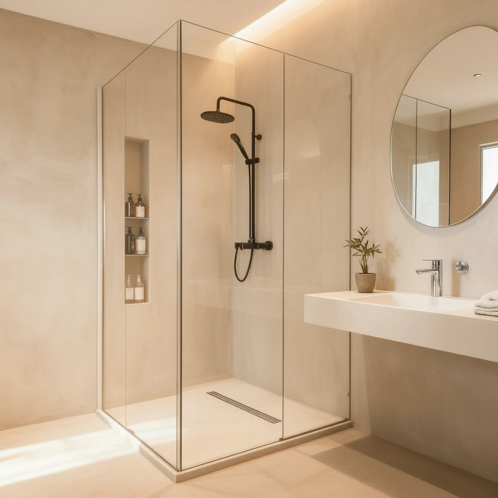 Baño estilo mediterráneo con espejo redondo y ducha con microcemento color Porcelain en paredes, plato y hornacina.