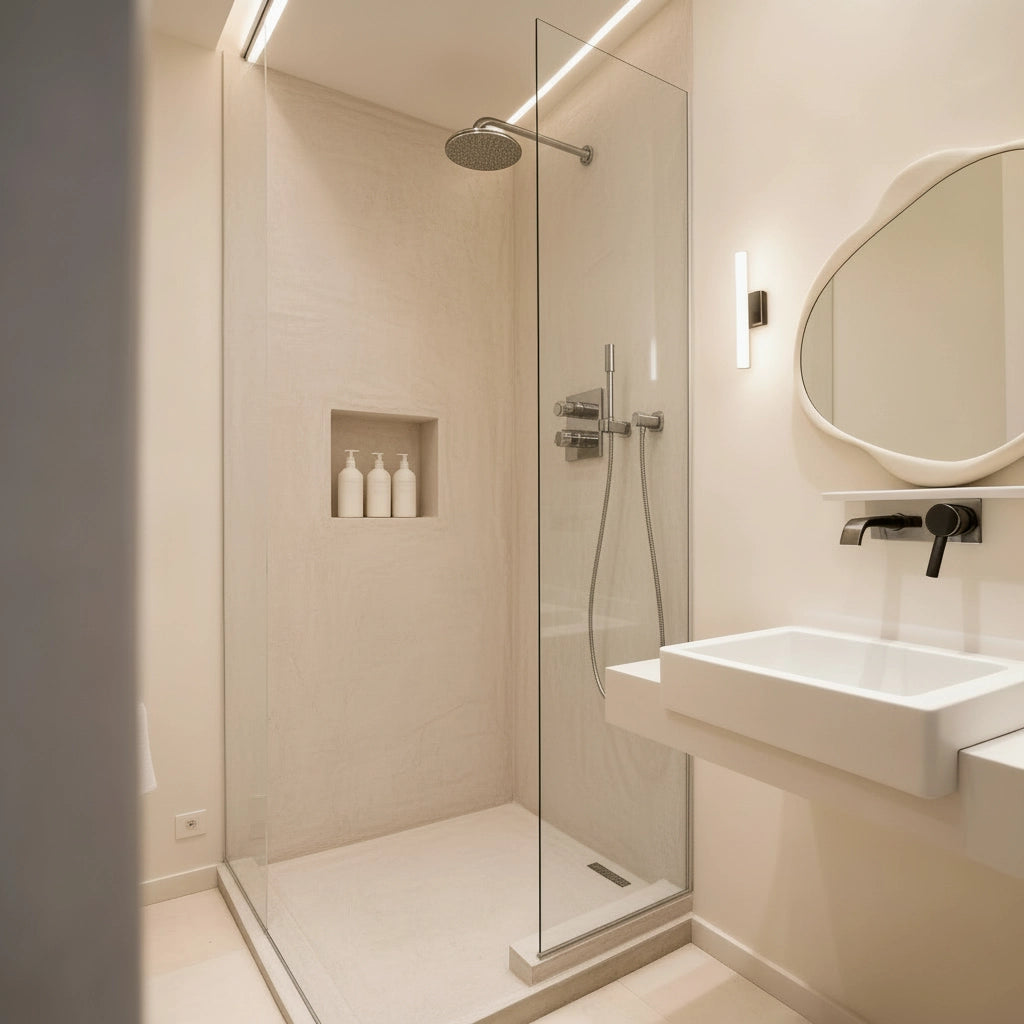 Ducha recubierta con microcemento color Porcelain, con mampara de cristal y grifería cromada en un baño luminoso y minimalista.