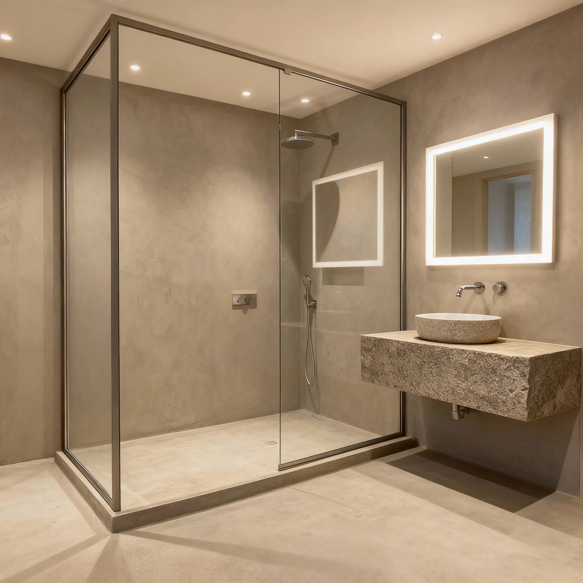 Ducha moderna revestida con microcemento color Bone, acompañada de un lavabo de piedra y mampara de cristal.