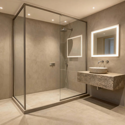 Ducha moderna revestida con microcemento color Bone, acompañada de un lavabo de piedra y mampara de cristal.